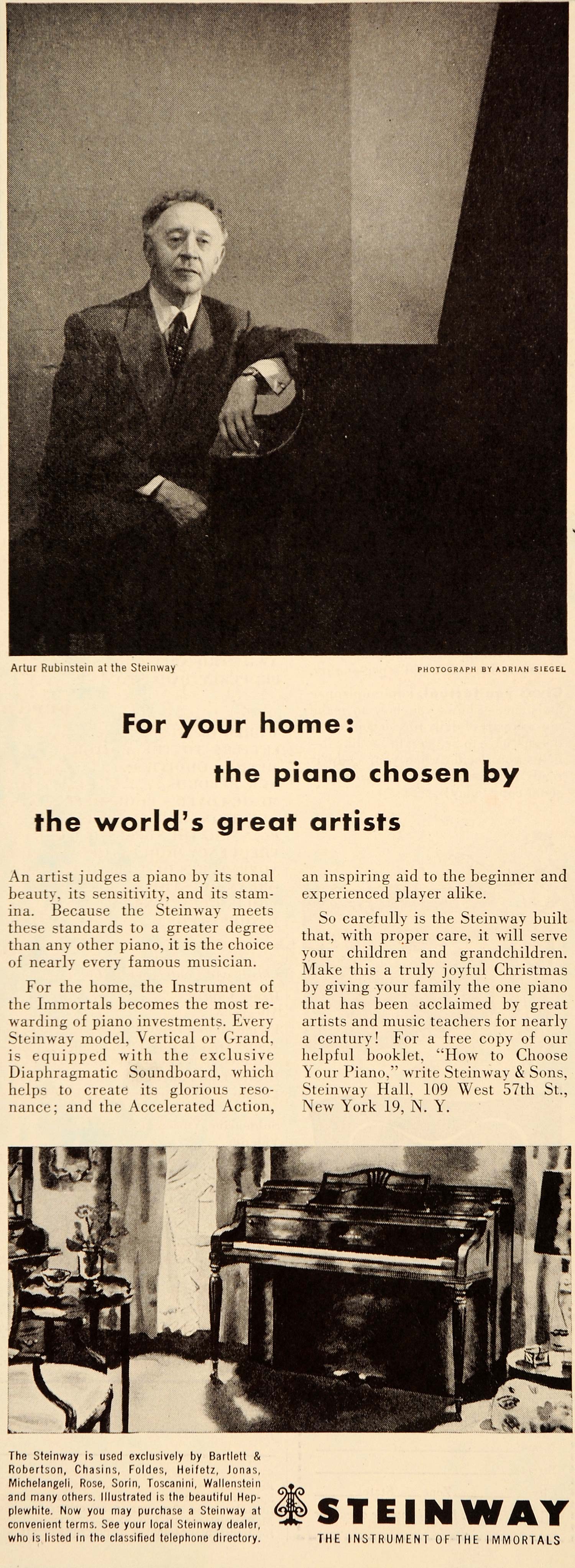 1951 Ad Steinway Piano Grand Rubinstein Hepplewhite - ORIGINAL ADVERTISING ET2