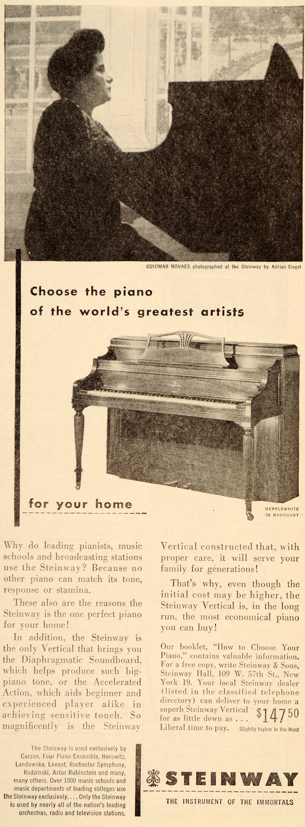 1952 Ad Steinway Piano Hepplewhite Guiomar Novaes - ORIGINAL ADVERTISING ET2