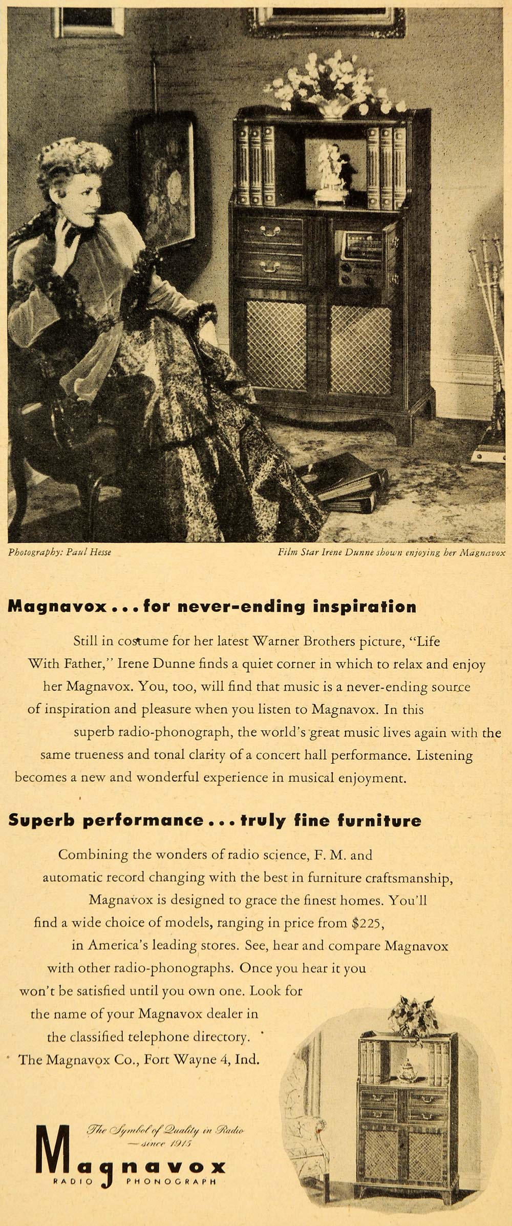 1946 Ad Radio Phonograph Magnavox Irene Dunne Hesse - ORIGINAL ADVERTISING ET2