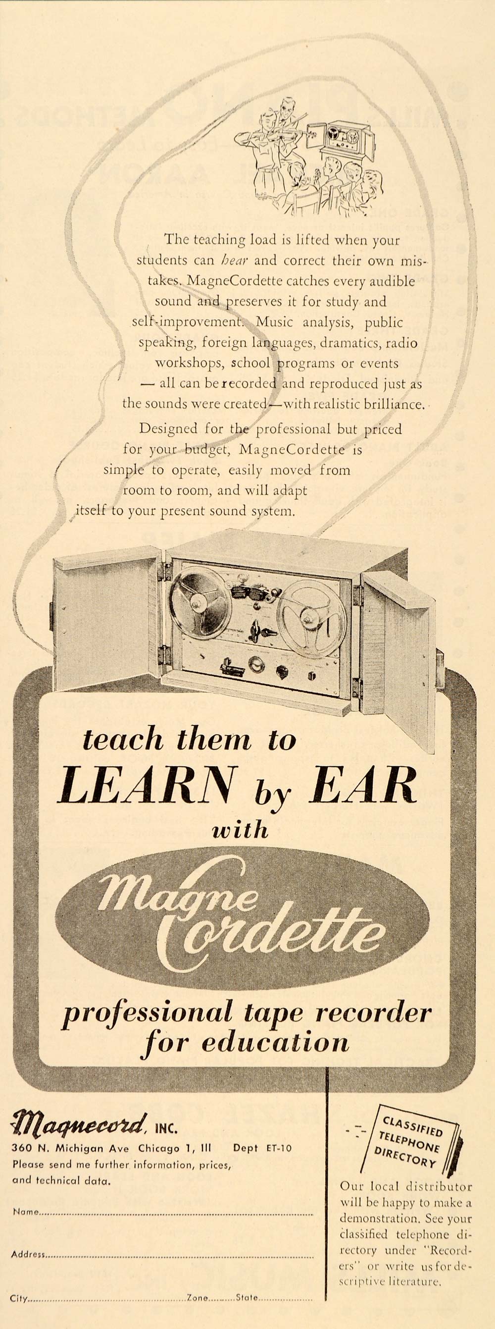 1952 Ad MagneCordette Magnecord Tape Recorder Chicago - ORIGINAL ADVERTISING ET2