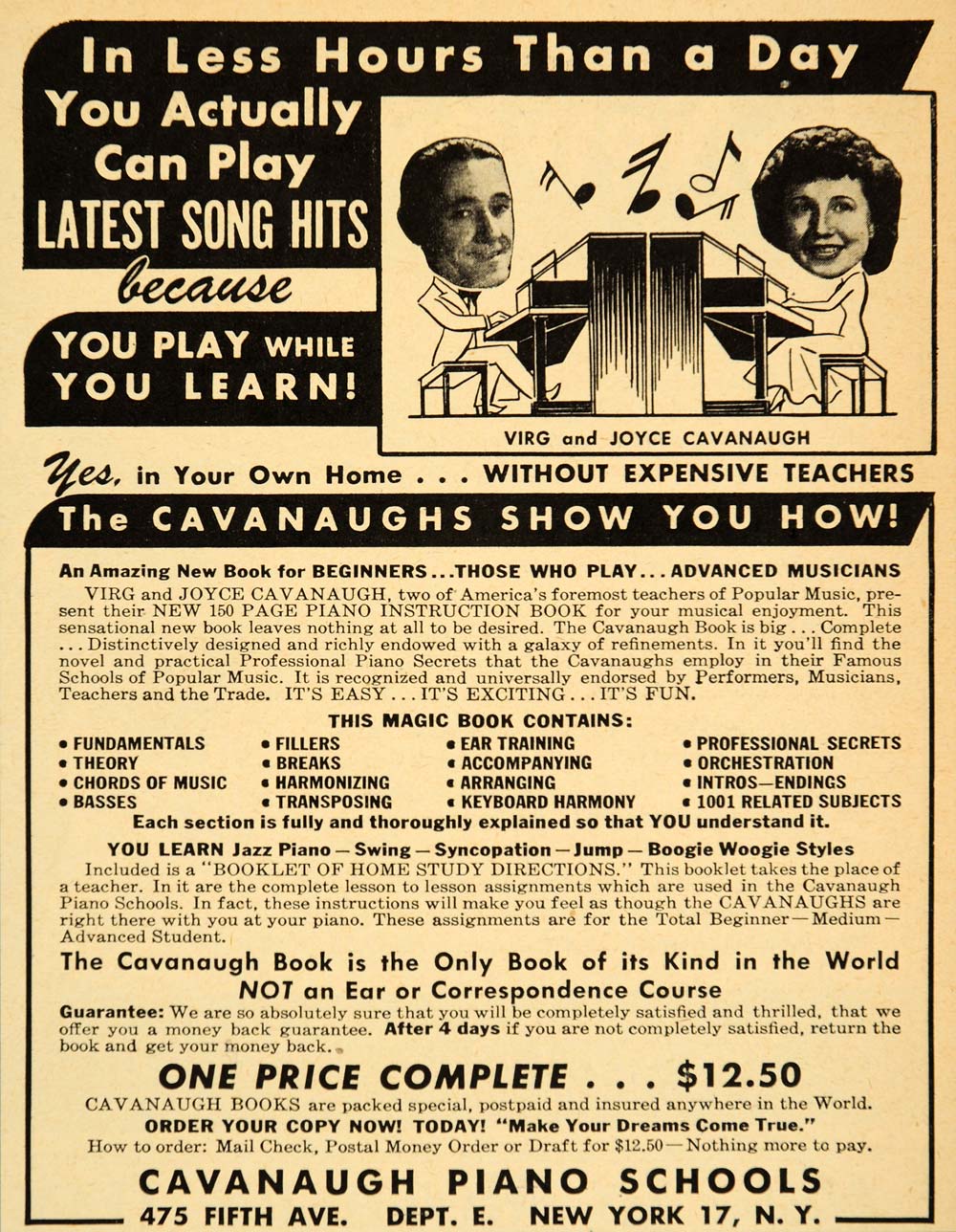 1948 Ad Cavanaughs Virg Joyce Piano Instruction Book - ORIGINAL ADVERTISING ET2