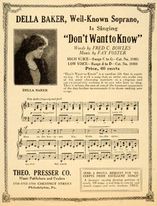 1925 Ad Theo Presser Music Publishers Della Baker Sing - ORIGINAL ET2