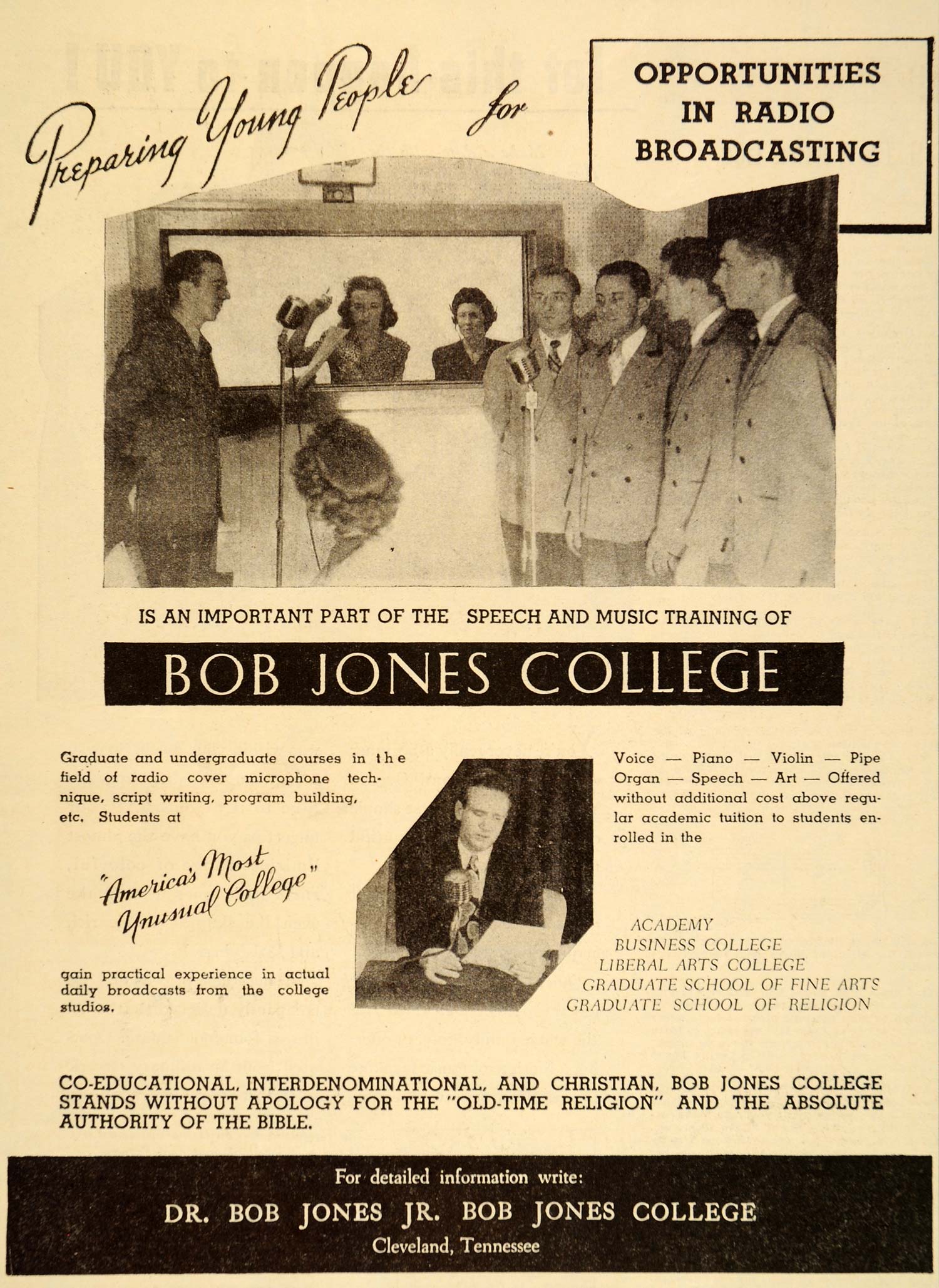 1946 Ad Bob Jones College Radio Broadcasting Tennessee - ORIGINAL ET2