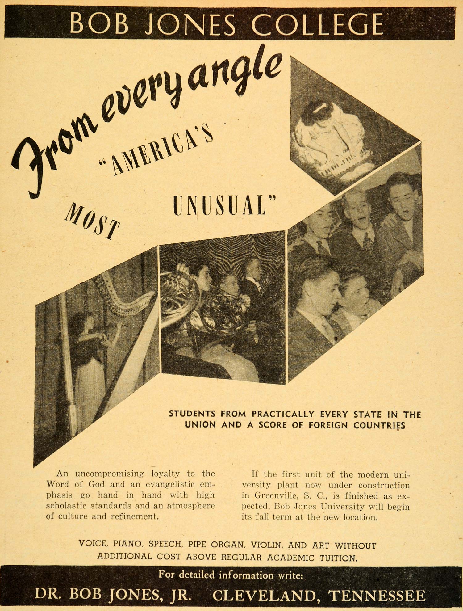 1947 Ad Bob Jones College Music Speech Tennessee Sacred - ORIGINAL ET2
