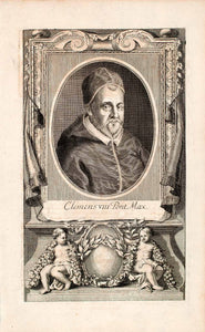 1721 Copper Engraving Portrait Pope Clement VIII Roman Catholic Church Long EUM1