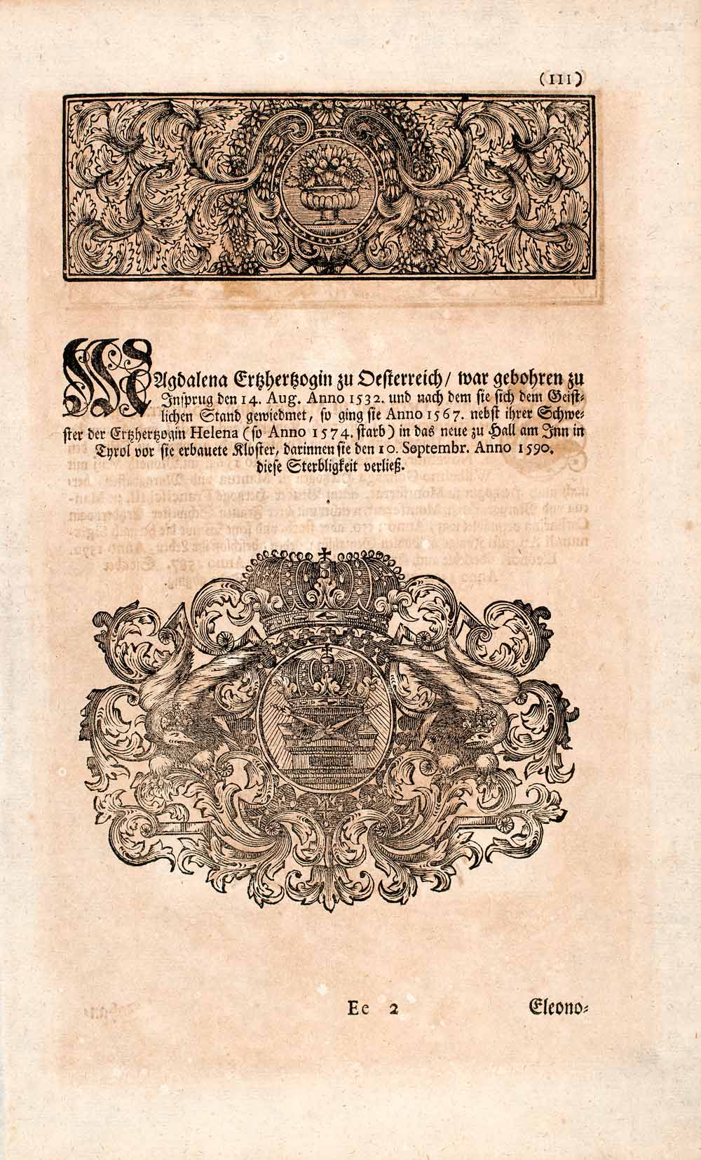 1721 Copper Engraving Portrait Archduchess Magdalena Austria Hall In Tirol EUM1