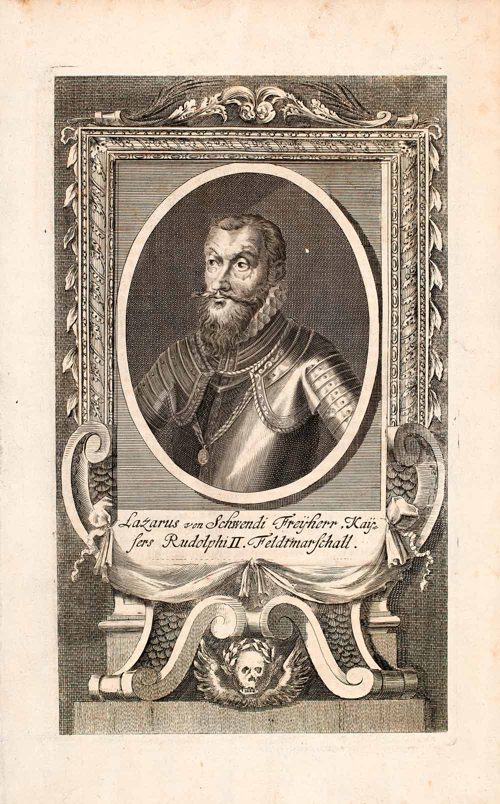 1721 Copper Engraving Portrait Lazarus Schwendi Baron Imperial Captian EUM3