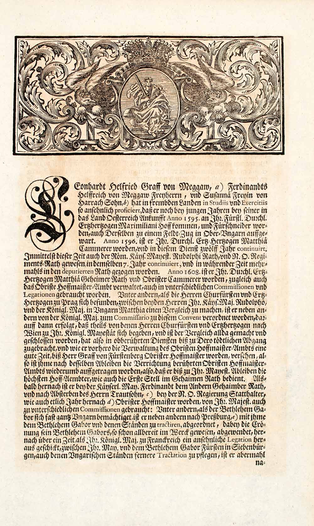 1722 Copper Engraving Leinhardt Hellsridt Graf von Meggaw European Nobility EUM4