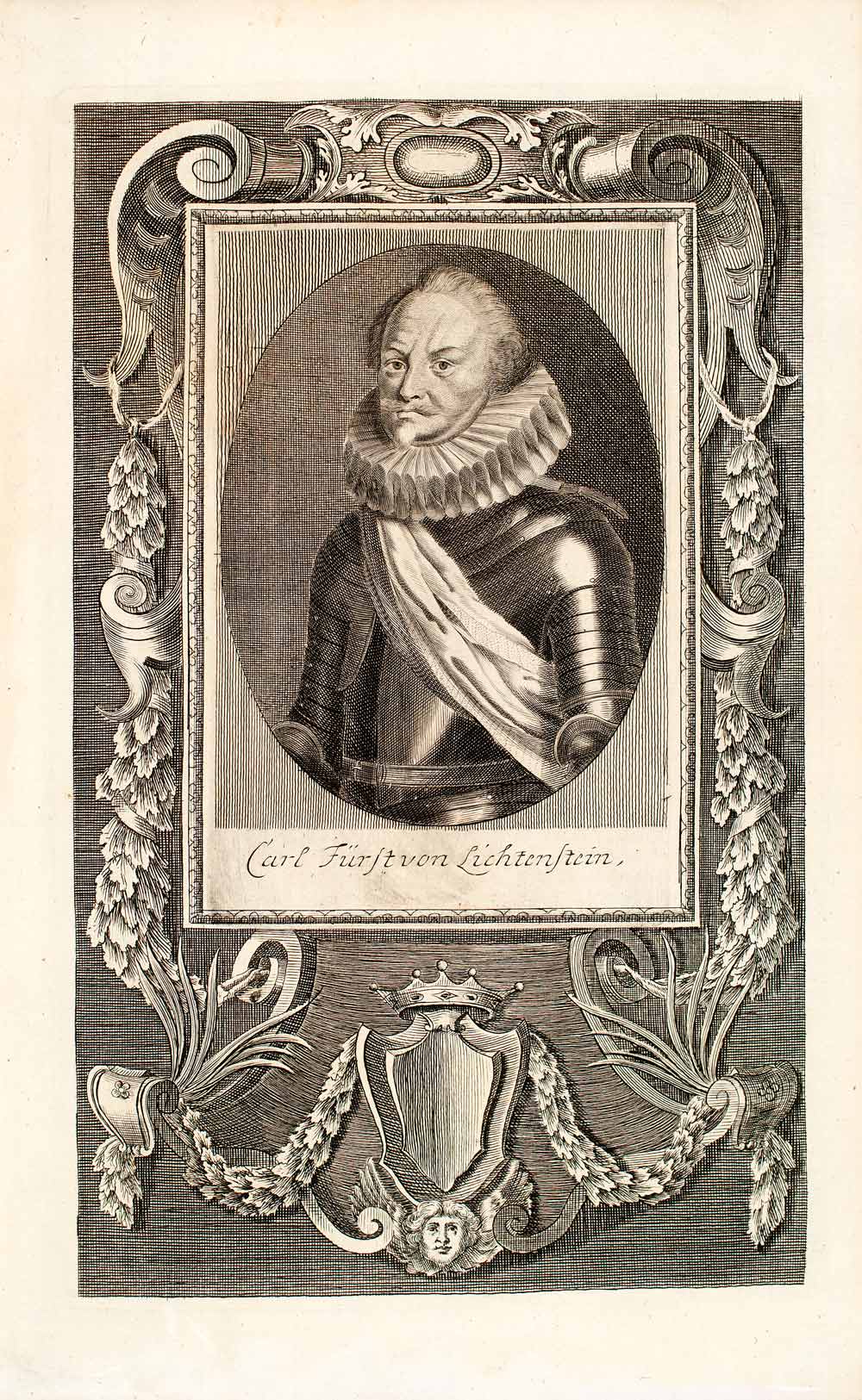 1722 Copper Engraving Karl I Prince of Liechtenstein Duchy Troppau Austria EUM4