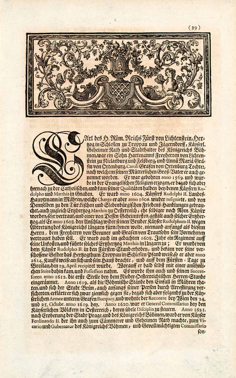 1722 Copper Engraving Karl I Prince of Liechtenstein Duchy Troppau Austria EUM4