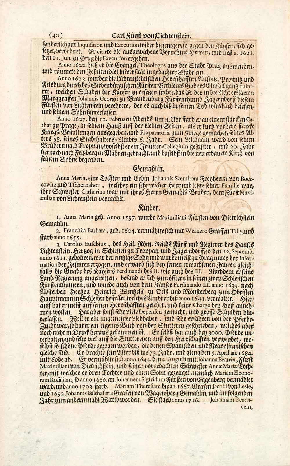 1722 Copper Engraving Karl I Prince of Liechtenstein Duchy Troppau Austria EUM4