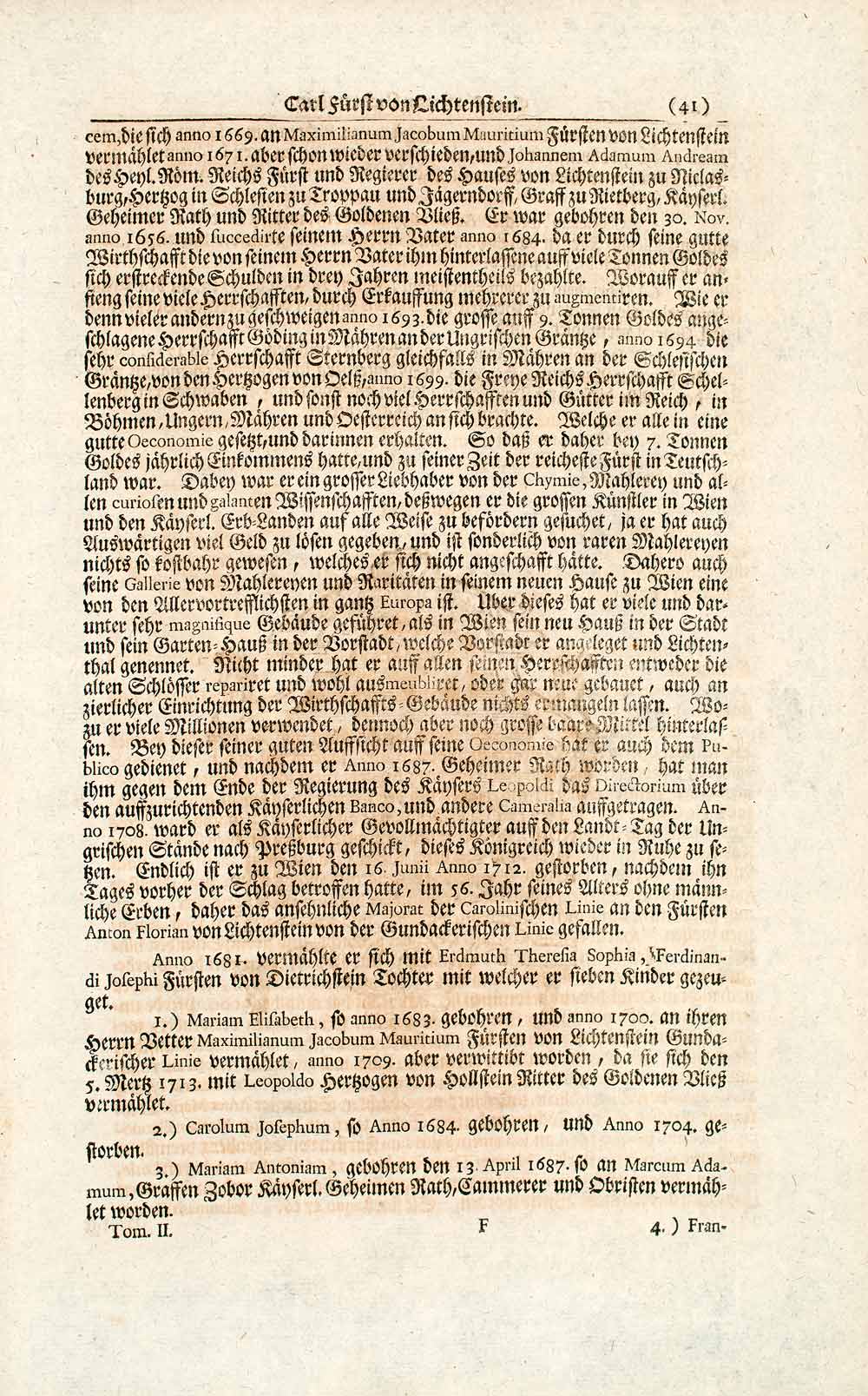 1722 Copper Engraving Karl I Prince of Liechtenstein Duchy Troppau Austria EUM4