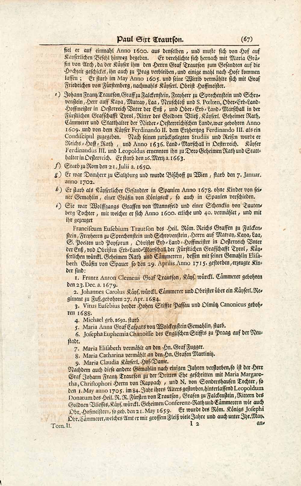 1722 Copper Engraving Count Paul Sixt Trautsamb Graf Zu Falkenstein Bavaria EUM4