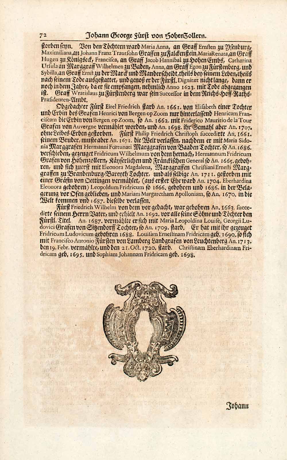 1722 Copper Engraving Furst Johann Graf Von Hohenzollern Prince Portrait EUM4