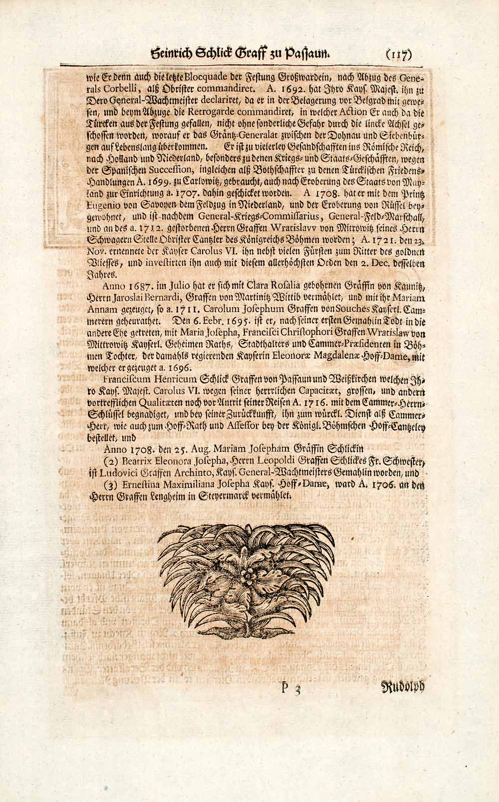 1722 Copper Engraving Count Heinrich Schlick Imperial Field Marshal War EUM4