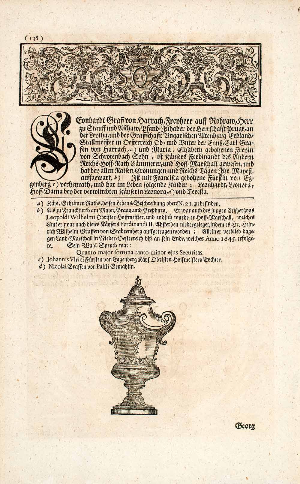 1722 Copper Engraving Imperial Baron Leonhard Von Harrach Habsburg Empire EUM4