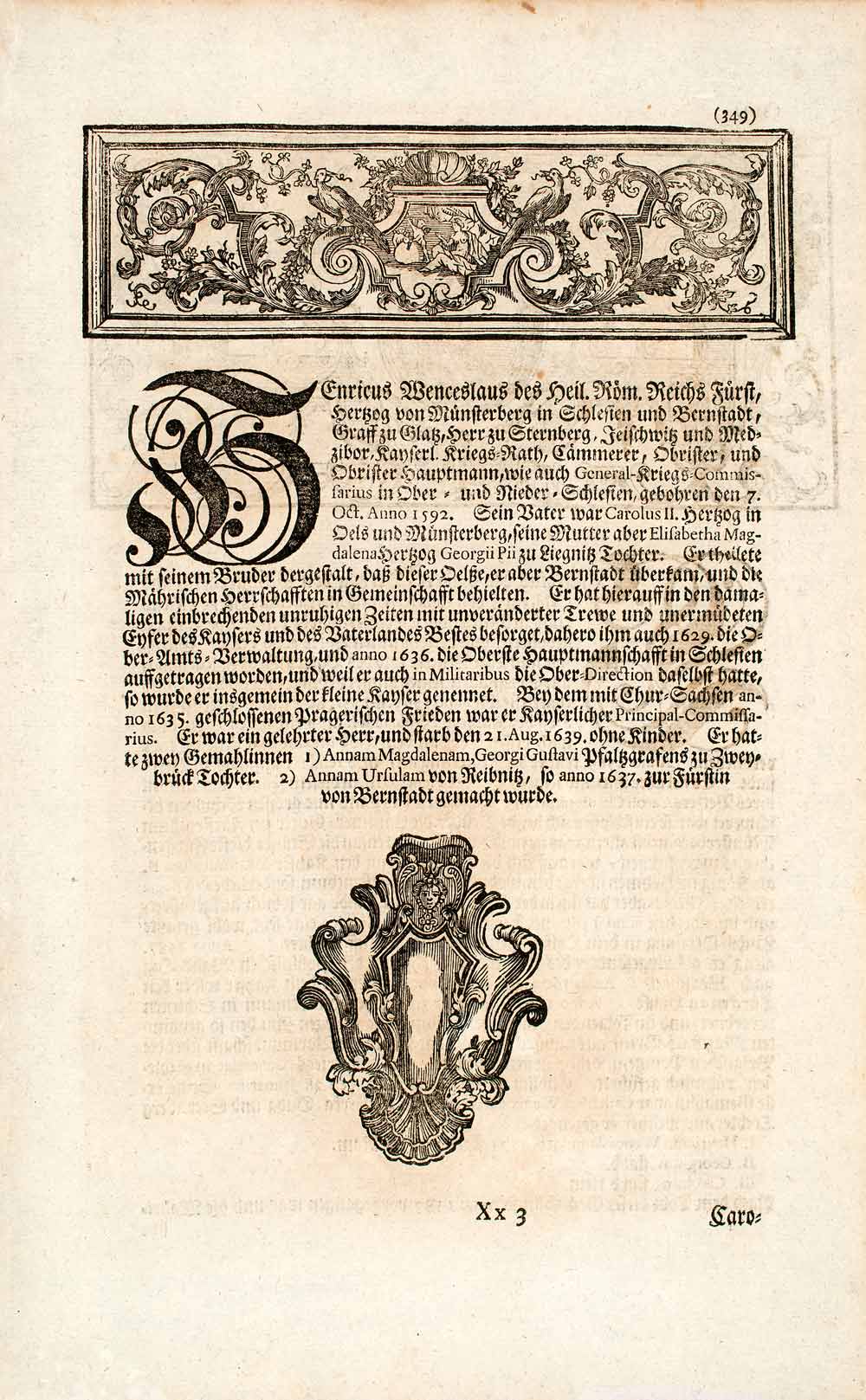 1722 Copper Engraving Portrait Heinrich Wenzel Furst Von Munsterberg Prince EUM5