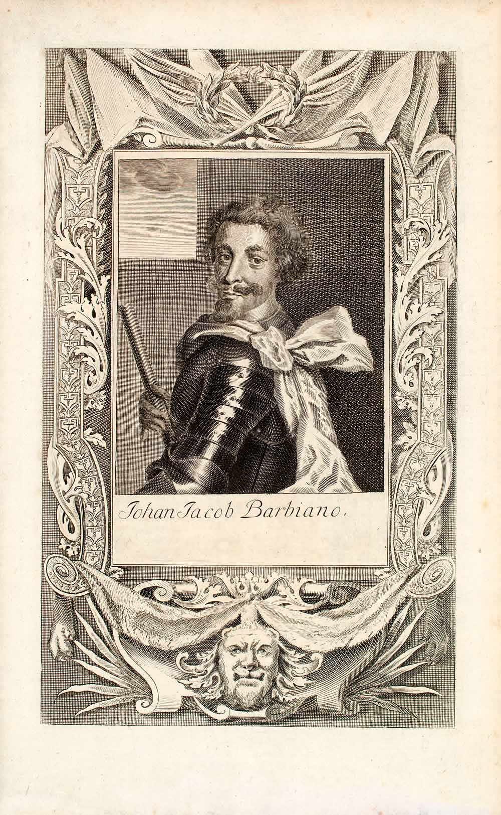 1722 Copper Engraving Portrait Johan Jacob Barbiano Imperial Army European EUM5