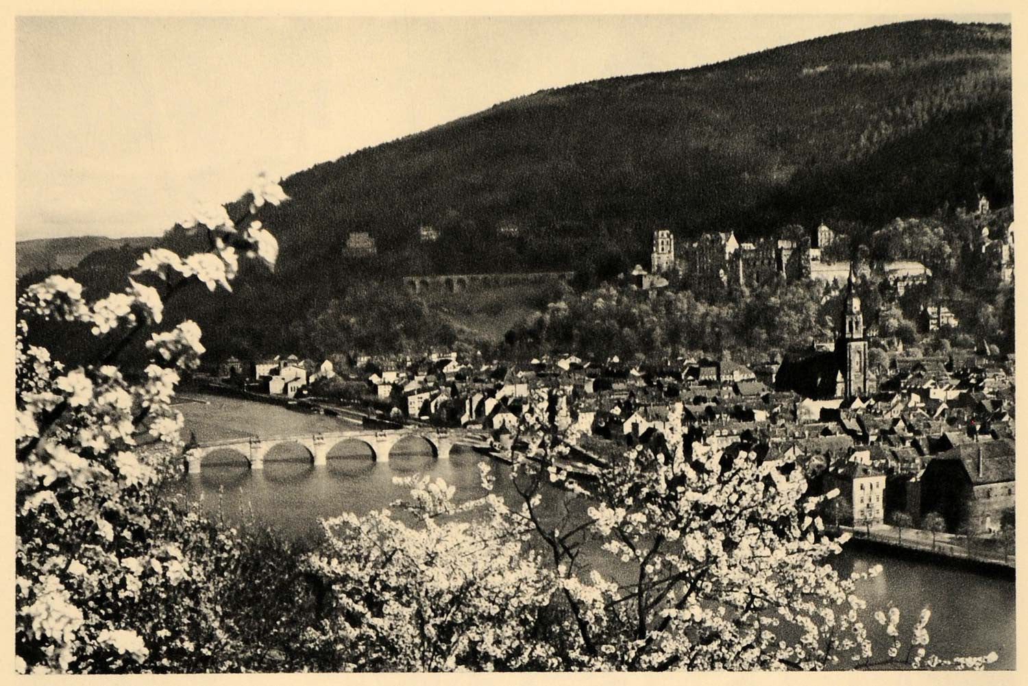 1943 Heidelberg Germany Neckar River Bridge Castle Town - ORIGINAL EUR2