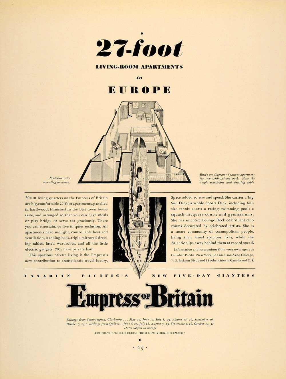 1931 Ad Empress Britain Cruise Ship Rooms Apartments - ORIGINAL ADVERTISING F1A