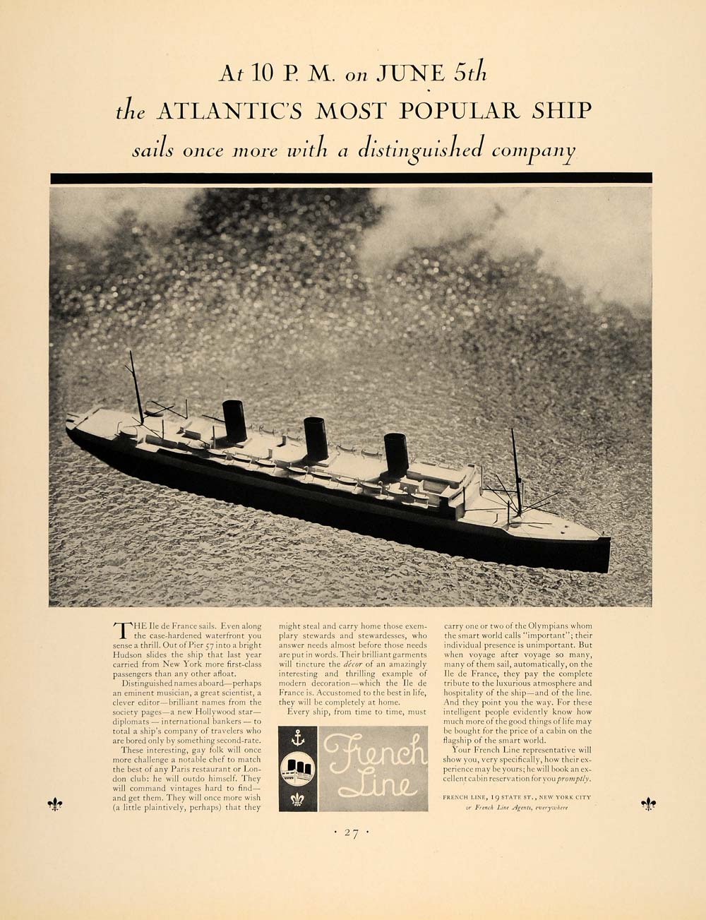 1931 Ad French Line Cruise Ship Ile de France Pier 57 - ORIGINAL ADVERTISING F1A