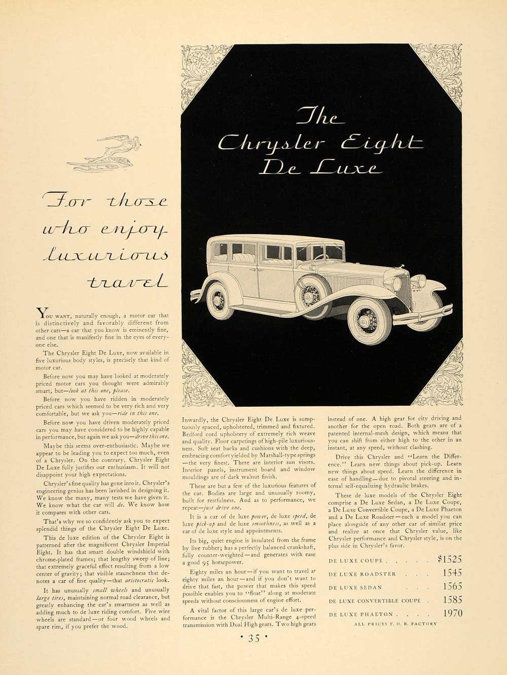 1931 Ad Chrysler Eight De Luxe Automobile Phaeton - ORIGINAL ADVERTISING F1A