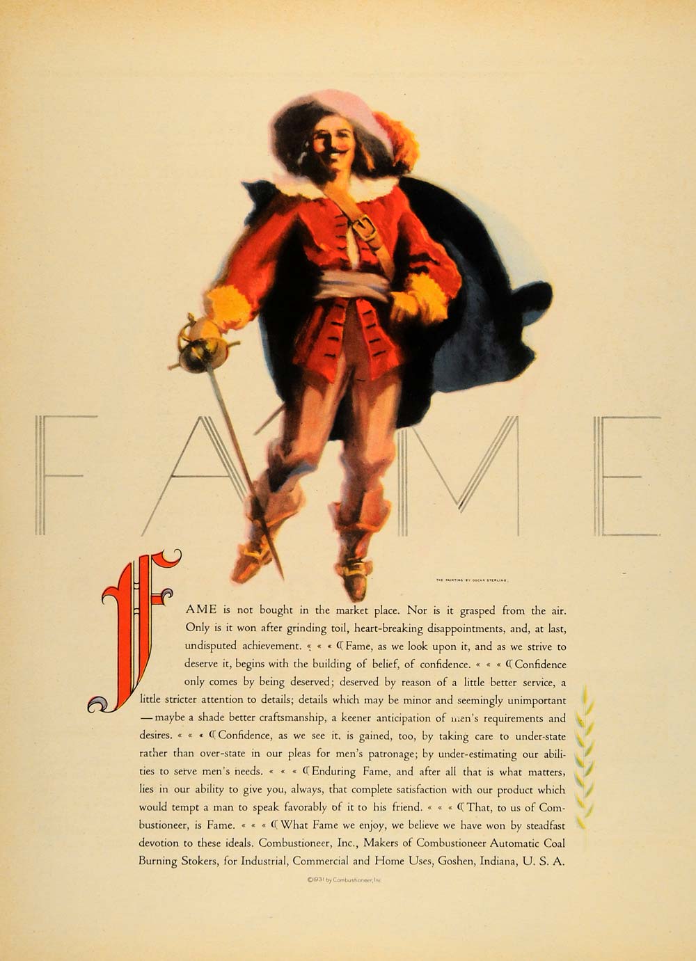 1931 Ad Indiana Combustioneer Automatic Coal Burning Stokers Musketeer Fame F1A