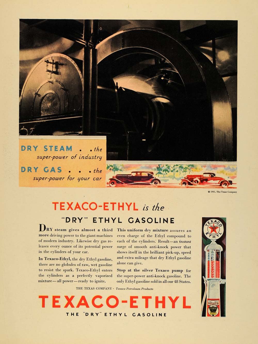 1931 Ad Texaco-Ethyl Gasoline Dry Texas Company Pump - ORIGINAL ADVERTISING F1A