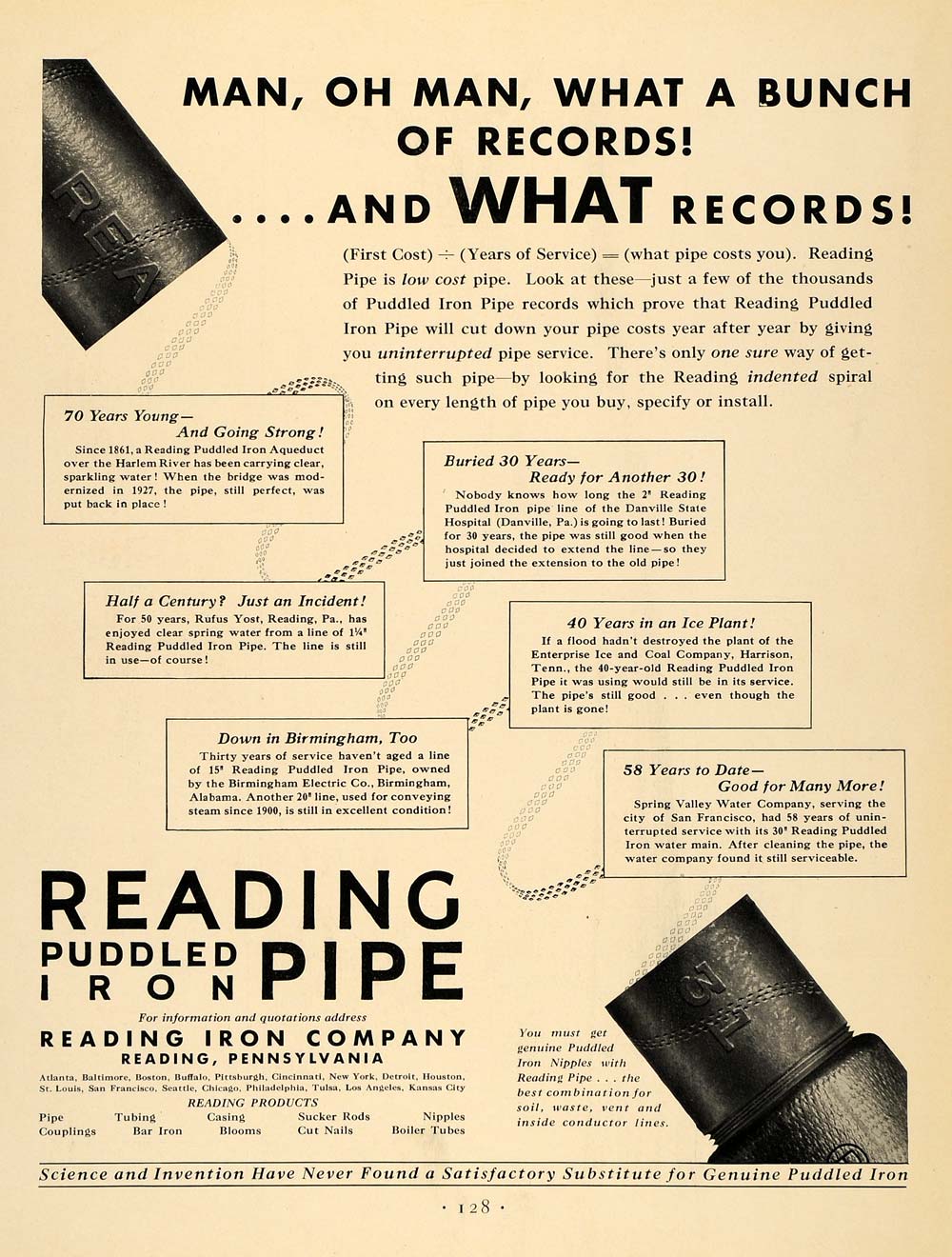 1931 Ad Reading Puddle Iron Pipe Reading Pennsylvania - ORIGINAL ADVERTISING F1A