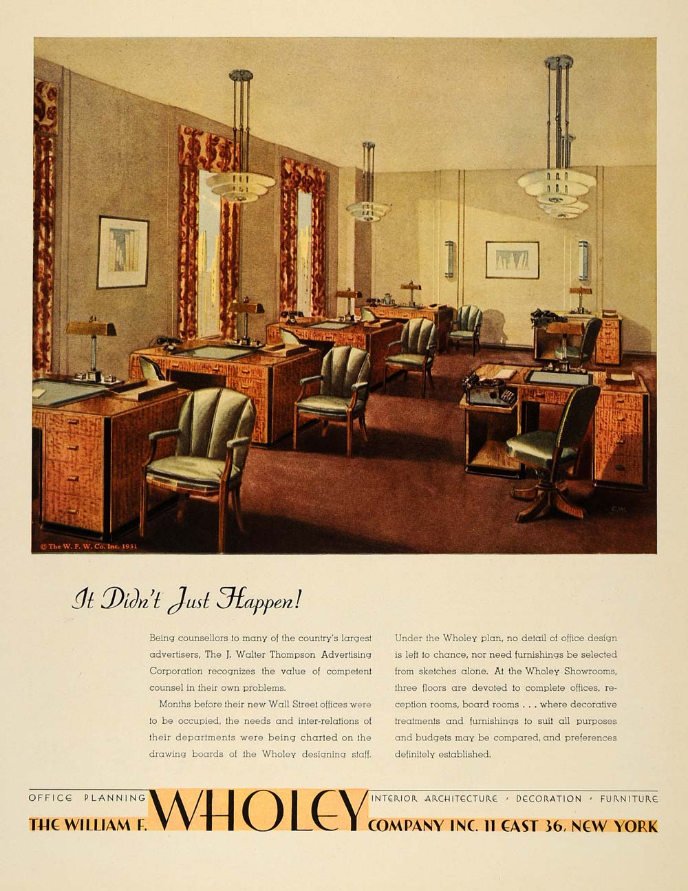 1931 Ad William F Wholey Office Design Furniture Art - ORIGINAL ADVERTISING F1A