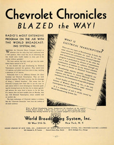 1931 Ad World Broadcasting Radio Chevrolet Chronicles - ORIGINAL ADVERTISING F1A