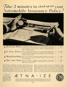 1931 Ad Aetna-Ize Automobile Casualty Insurance Policy - ORIGINAL F1A