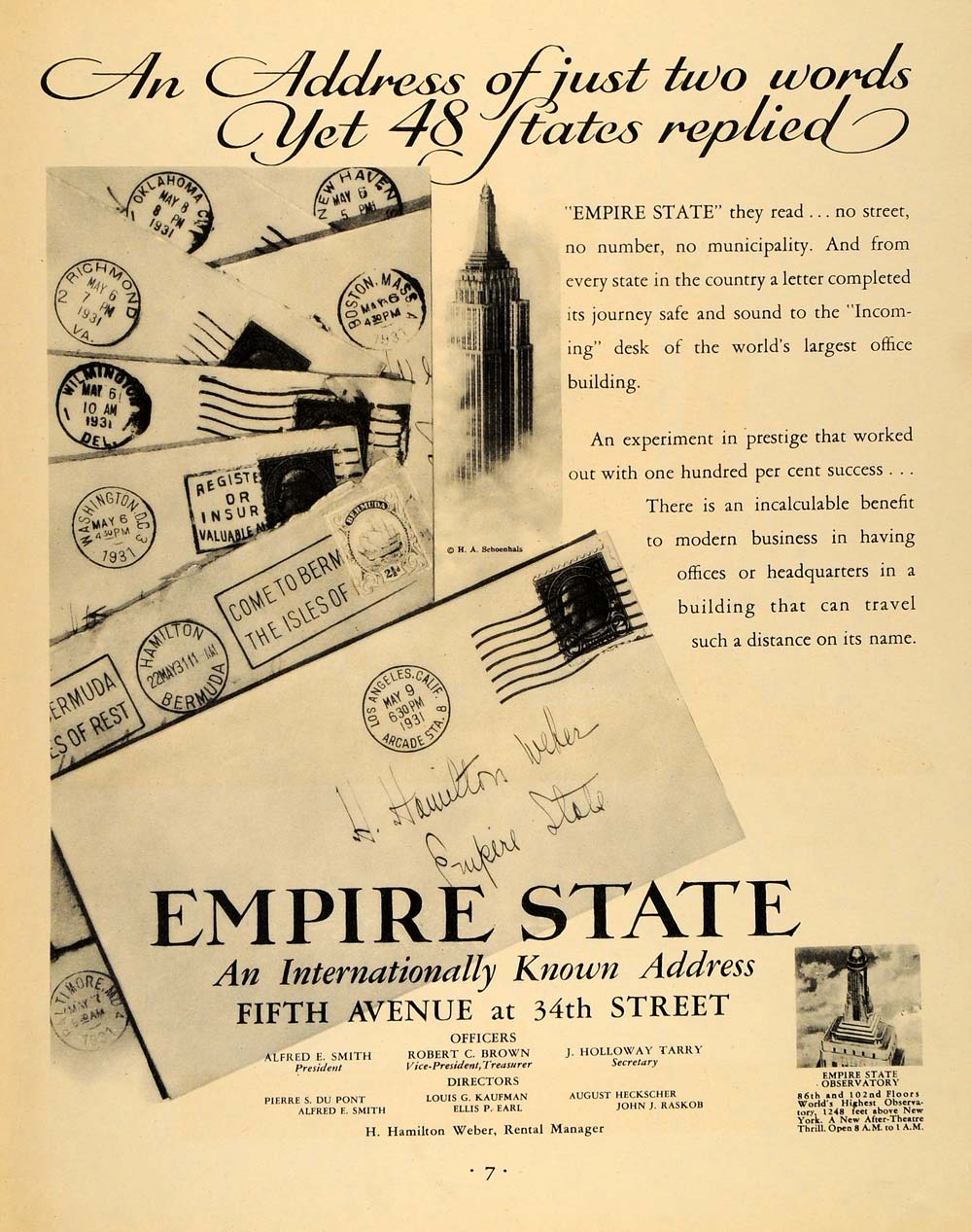 1931 Ad Empire State Building Address H.A. Schoenhals - ORIGINAL ADVERTISING F1A