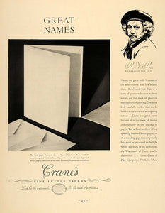 1931 Ad Crane's Fine Letter Papers Rembrandt Van Rijn - ORIGINAL ADVERTISING F1A