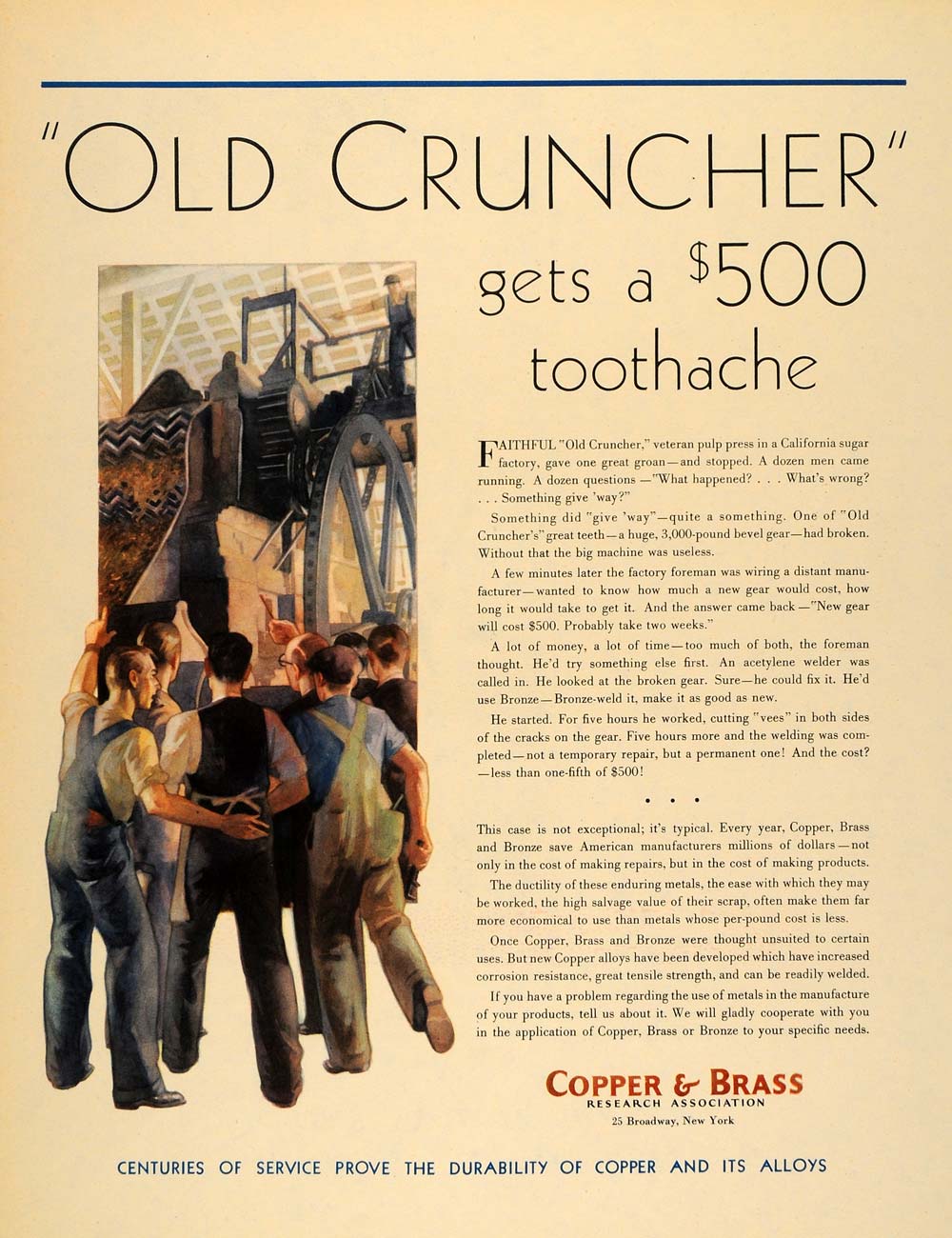 1931 Ad Old Cruncher Copper Brass Bronze Toothache - ORIGINAL ADVERTISING F1A