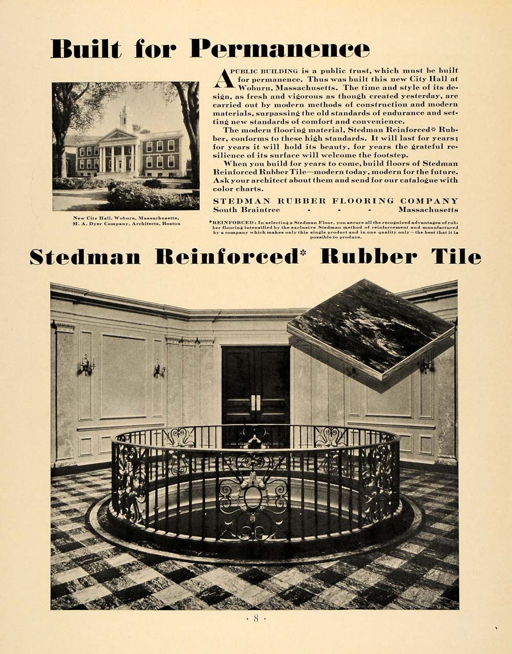 1931 Ad Stedman Reinforced Rubber Tile Flooring Woburn - ORIGINAL F1A