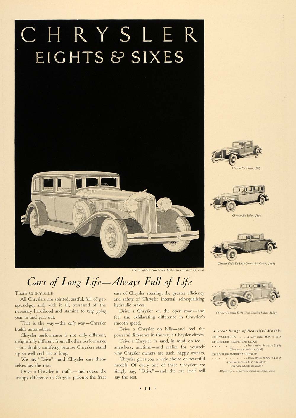 1931 Ad Chrysler Eight De Luxe Sedan Eights Sixes Cars - ORIGINAL F1A