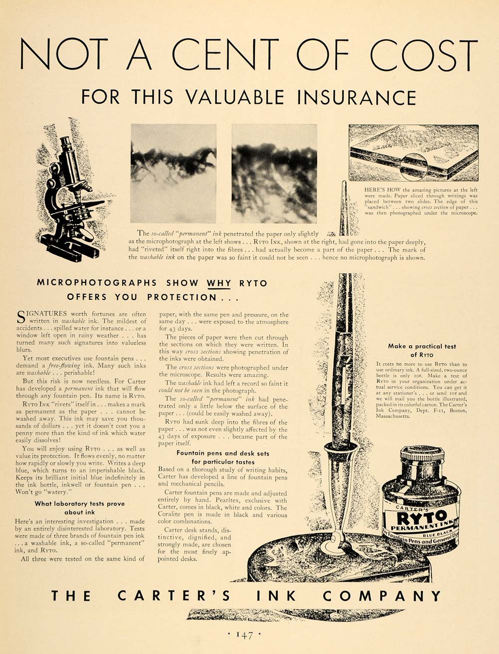 1931 Ad Carter's Ryto Permanent Ink Pens Writing Tests - ORIGINAL F1A