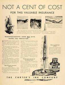 1931 Ad Carter's Ryto Permanent Ink Pens Writing Tests - ORIGINAL F1A