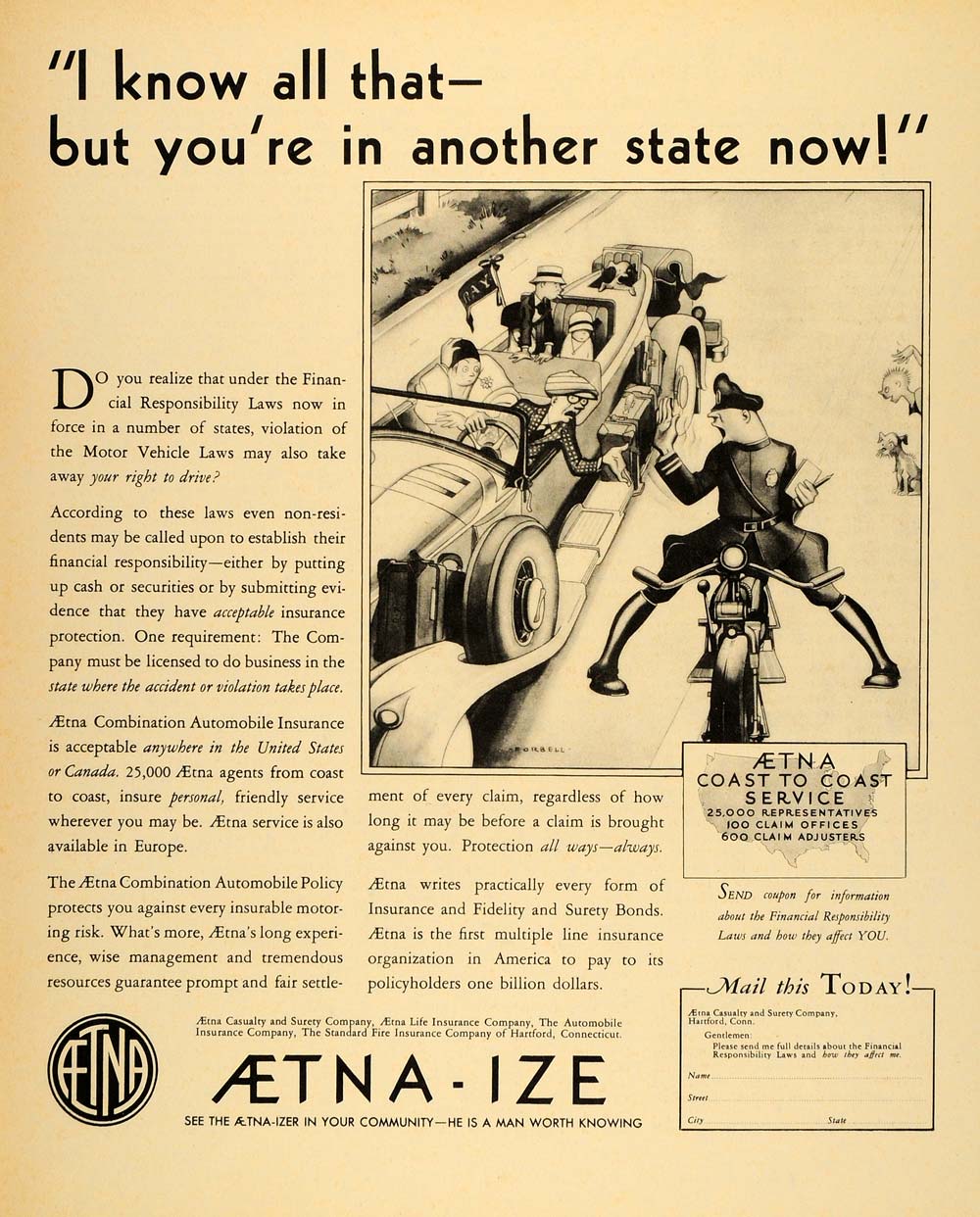 1931 Ad Aetna Insurance Illustration Charles Forbell - ORIGINAL ADVERTISING F1A