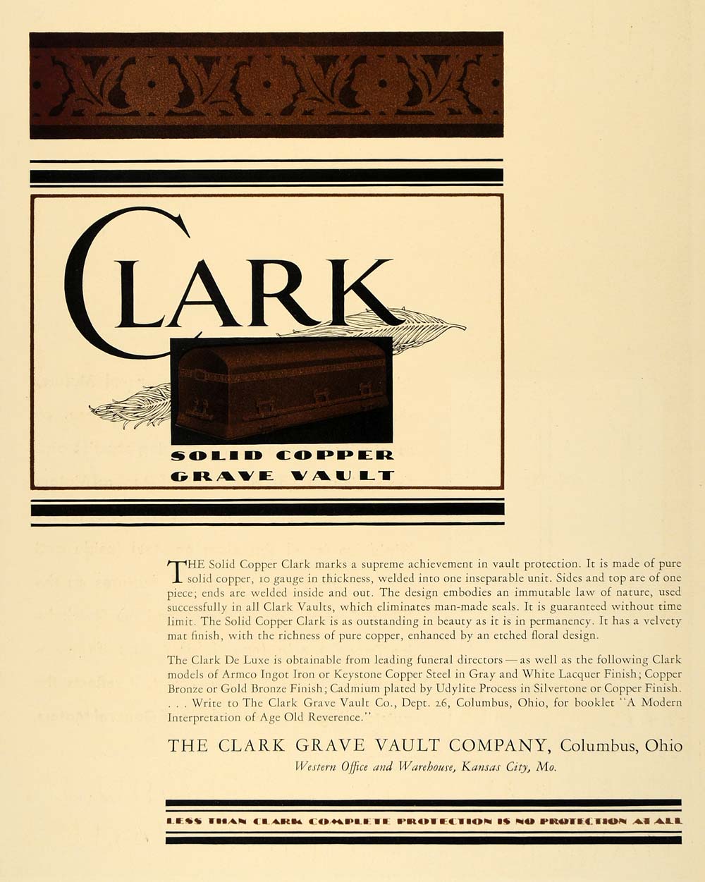 1931 Ad Clark Grave Vault Casket Funerary Box Coffin - ORIGINAL ADVERTISING F1A