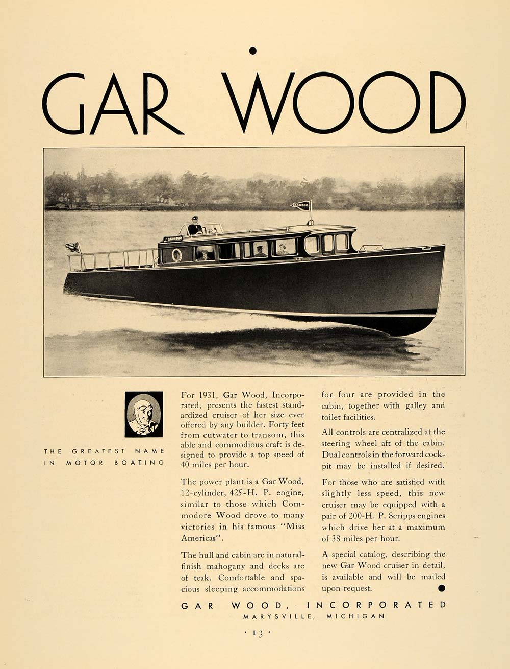 1931 Ad Gar Wood Motor Boating 12-Cylinder Engine Boat - ORIGINAL F1A