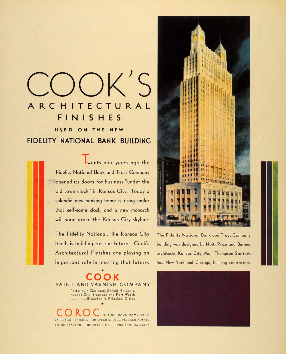 1931 Ad Cook's Architectural Finishes Fidelity Bank - ORIGINAL ADVERTISING F1A