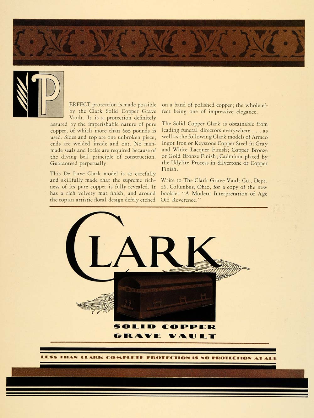 1931 Ad Clark Copper Grave Vaults Coffin Columbus Ohio - ORIGINAL F1A