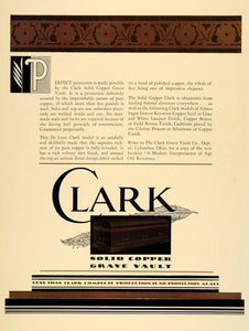 1931 Ad Clark Copper Grave Vaults Coffin Columbus Ohio - ORIGINAL F1A