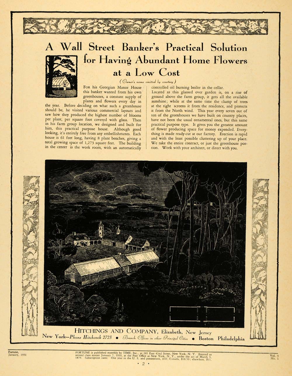 1931 Ad Hitchings Engineering Greenhouses H.R. Bishop - ORIGINAL ADVERTISING F1A