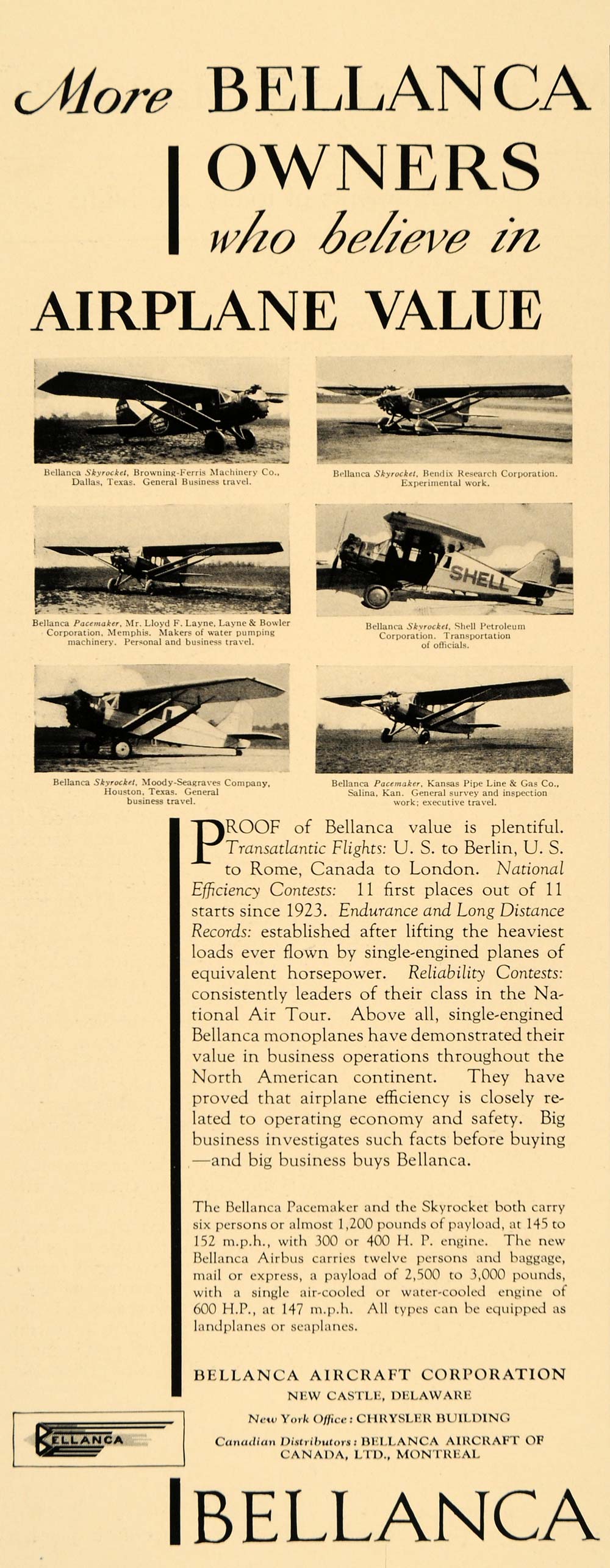 1931 Ad Bellanca Aircraft Co Airplane Aviation Skyrocket Pacemaker Models F1A