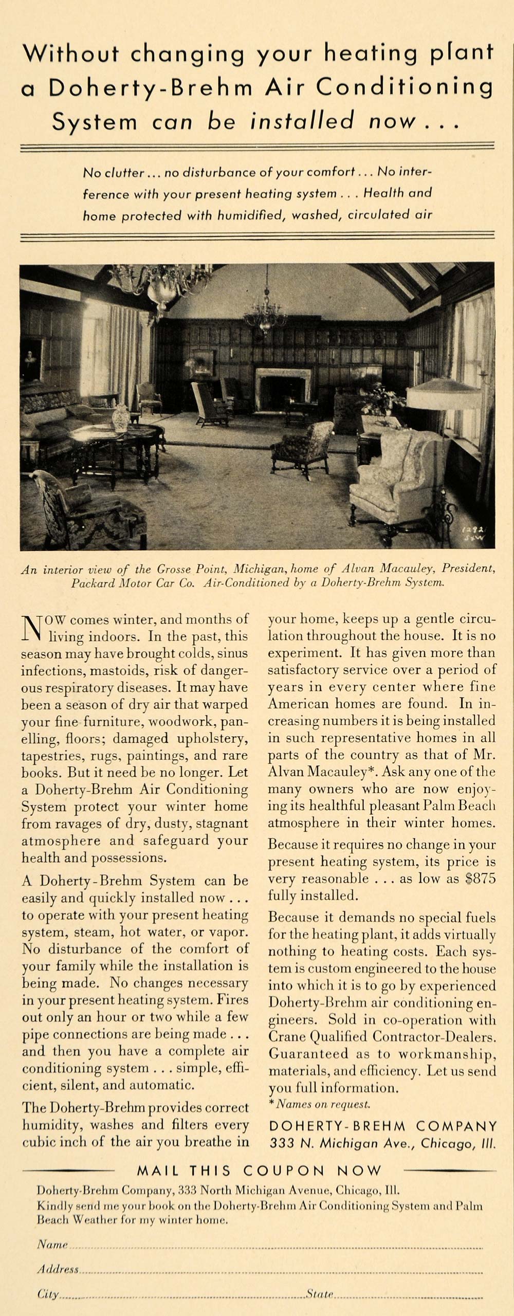 1931 Ad Doherty-Brehm Air Conditioning Grosse Point - ORIGINAL ADVERTISING F1A