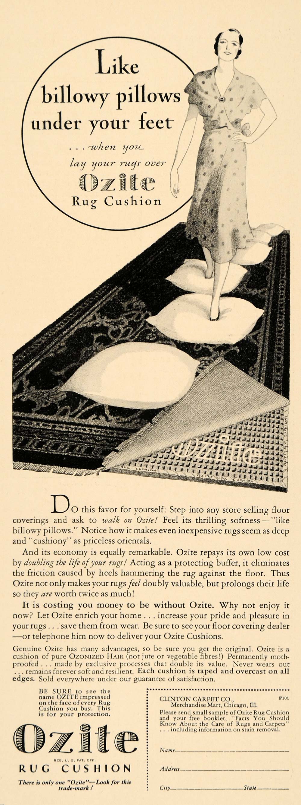 1931 Ad Clinton Carpet Ozite Rug Cushion Floor Covering - ORIGINAL F1A