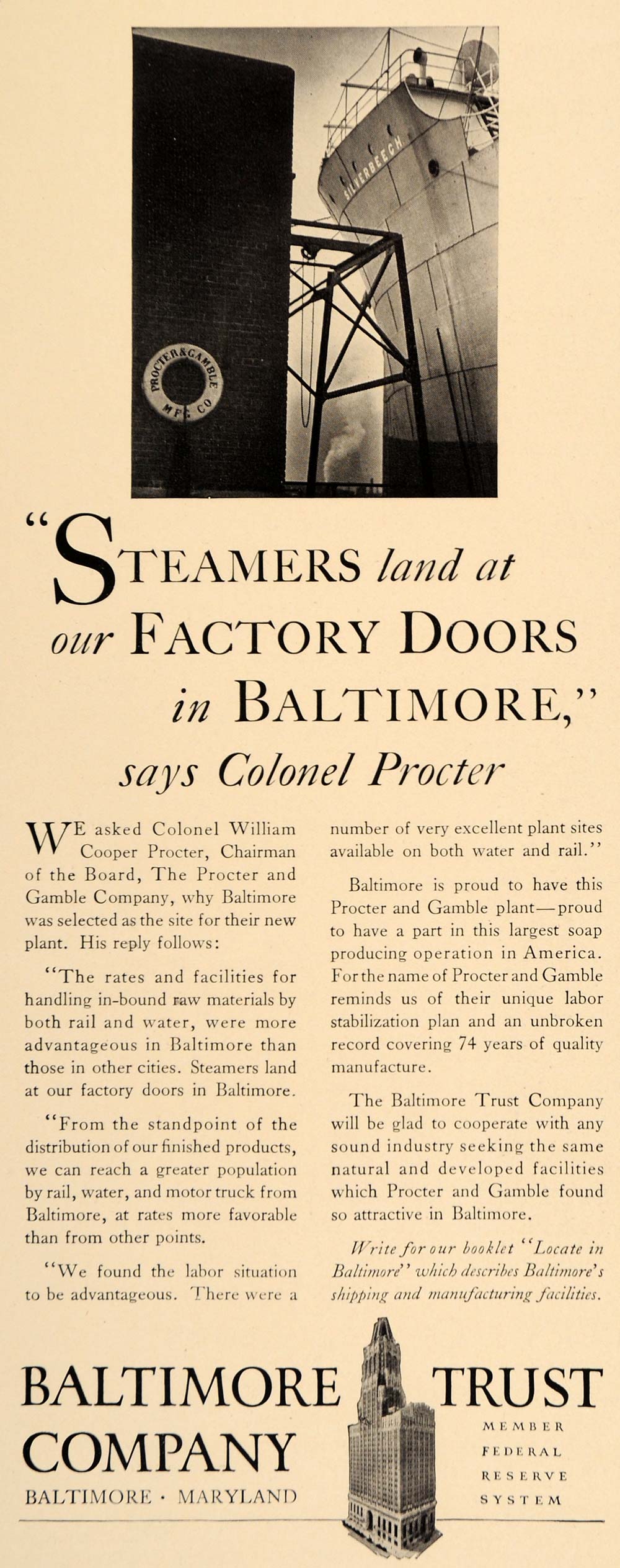 1931 Ad Baltimore Trust Streamer William Cooper Procter - ORIGINAL F1A